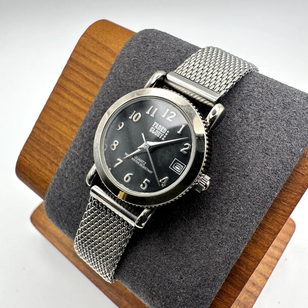 Faded Glory Women's Silver Mesh Bracelet Black Dial Quartz Watch